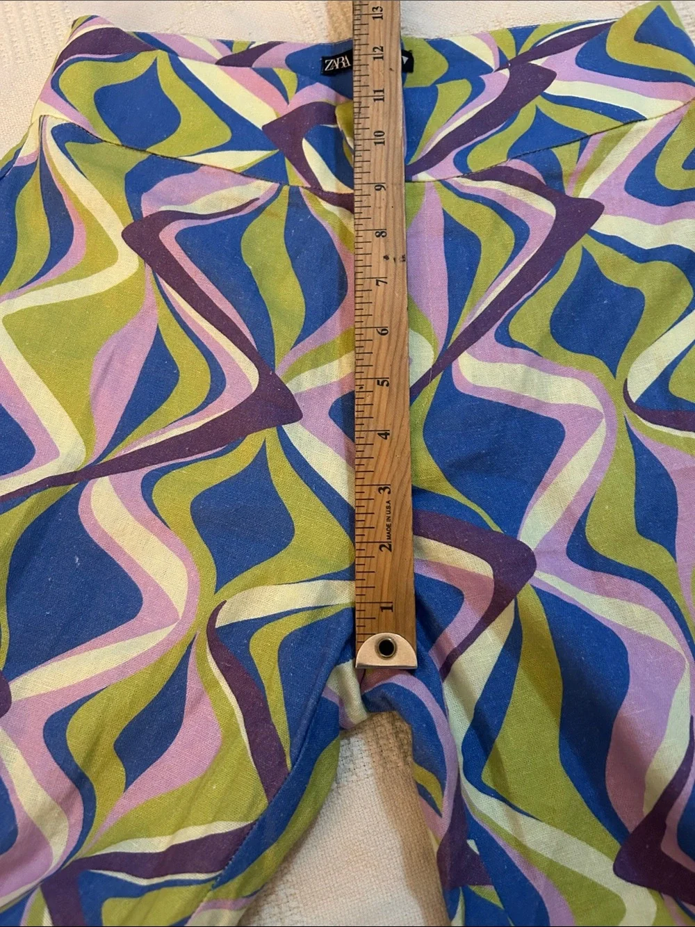 Zara Linen Blend Flared High Rise Pants Multicolor Geometric Print Sz Med